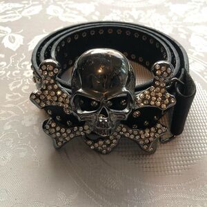 Black & Brown London Genuine Leather Crystal Metal Skull Belt Buckle